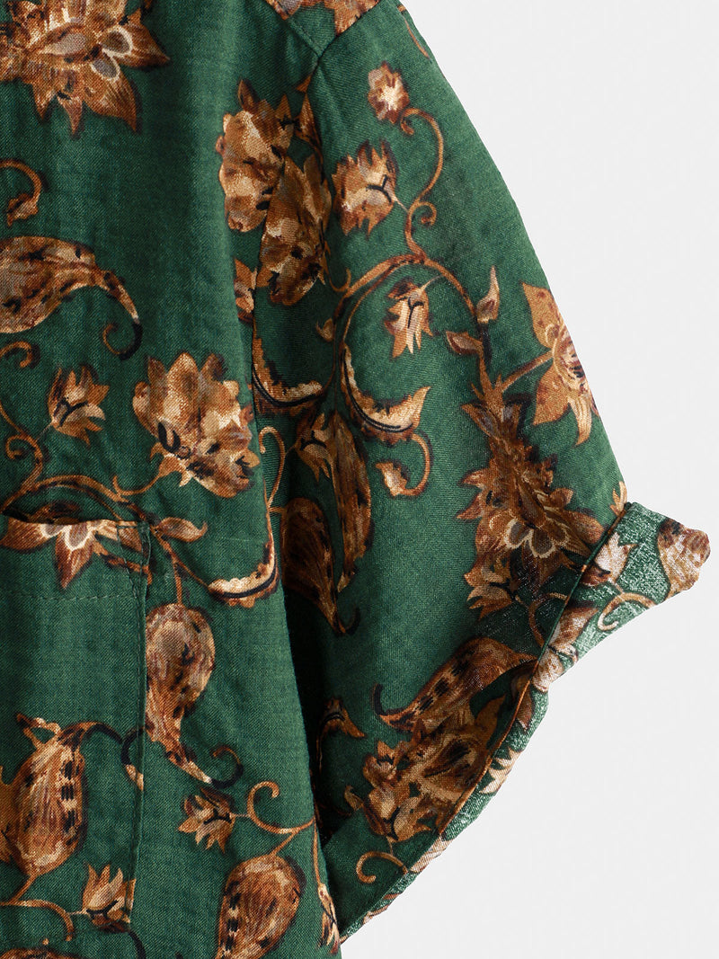 Camisa de manga corta transpirable con bolsillo y estampado floral retro para hombre