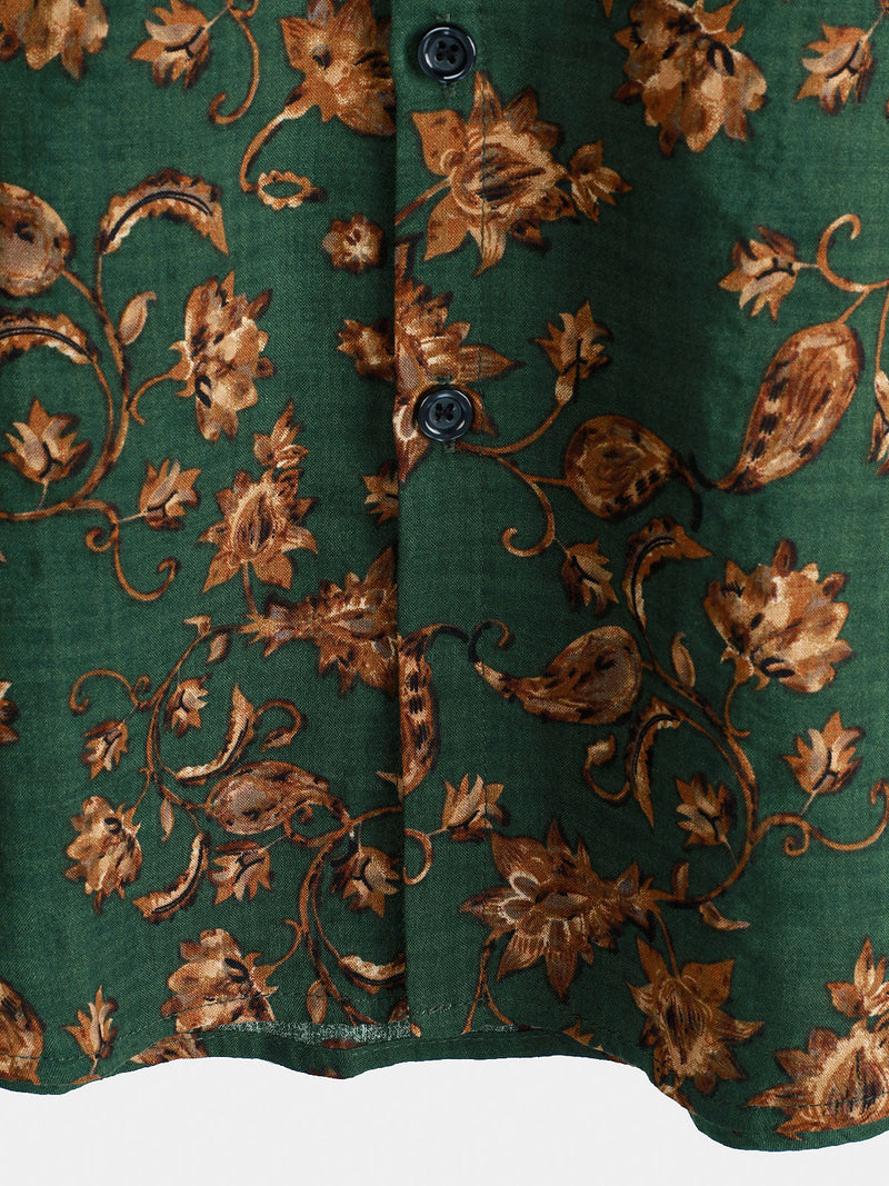 Camisa de manga corta transpirable con bolsillo y estampado floral retro para hombre