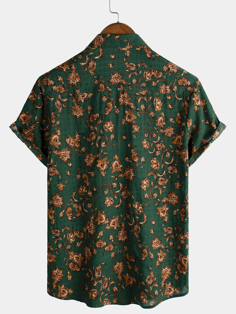 Camisa de manga corta transpirable con bolsillo y estampado floral retro para hombre