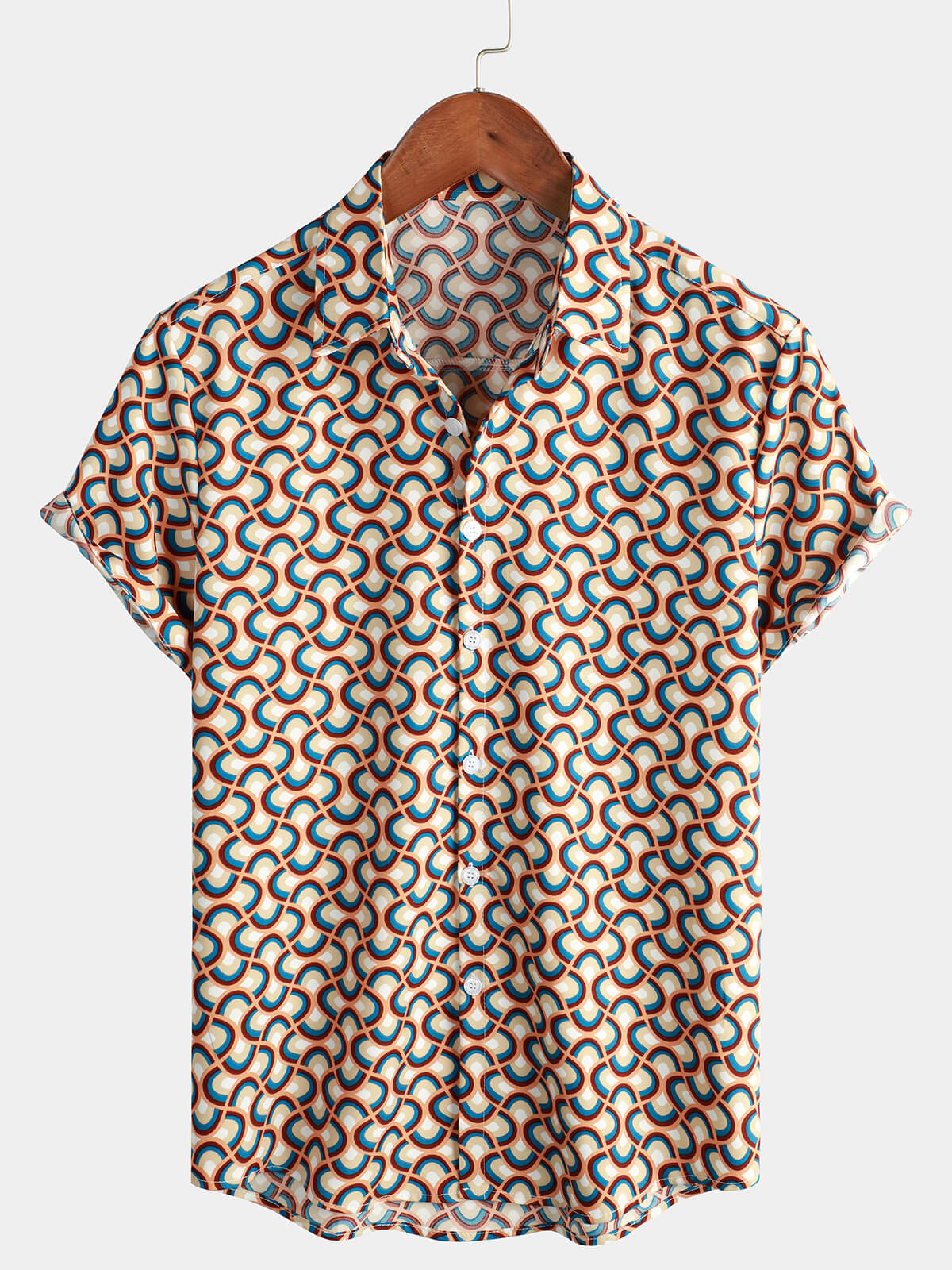 Camisa de verano estilo playa de manga corta con estampado geométrico circular retro vintage para hombre