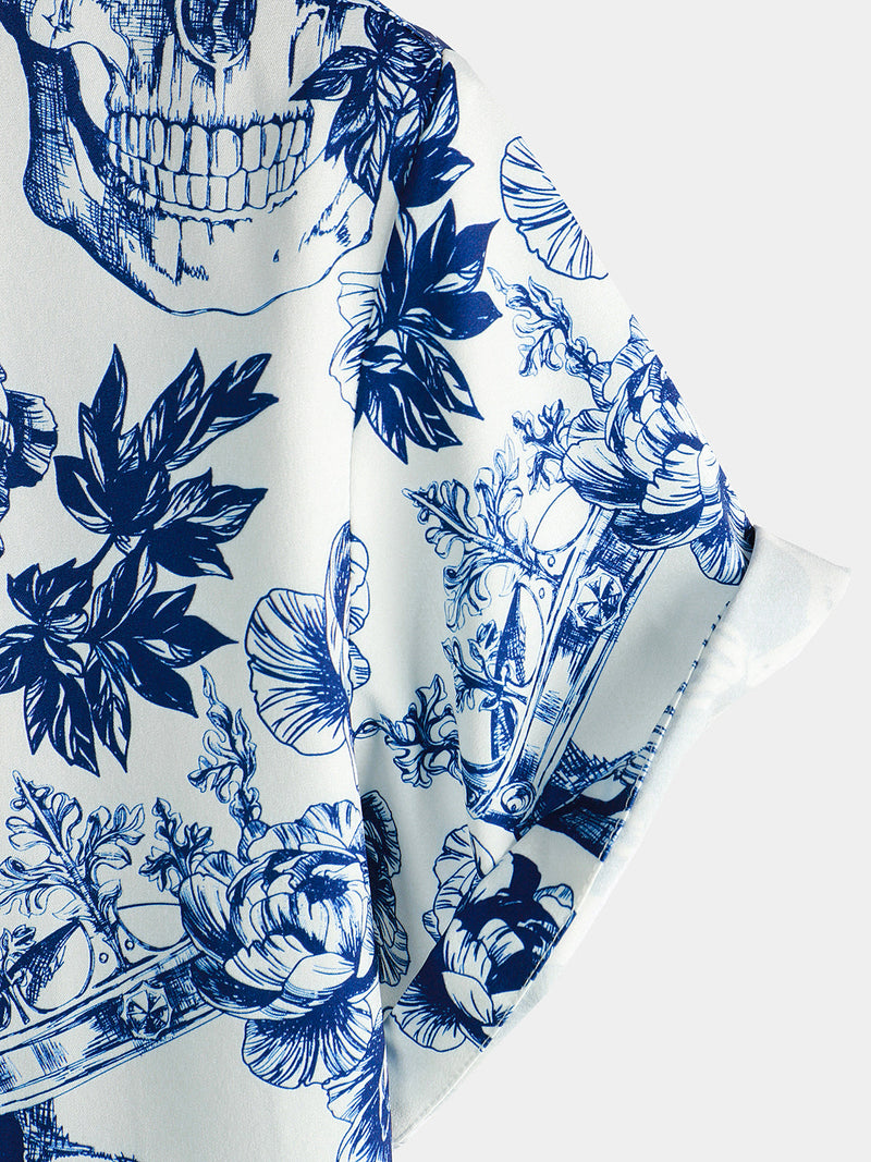 Camisa de hombre de manga corta con estampado de calaveras florales y coronas punk rock