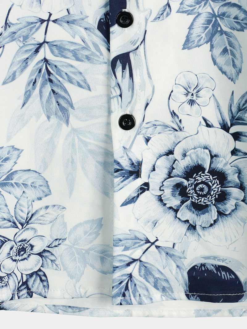 Camisa casual de hombre de manga corta con botones y estampado de calaveras y flores con cuello tipo solapa