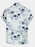 Camisa casual de hombre de manga corta con botones y estampado de calaveras y flores con cuello tipo solapa