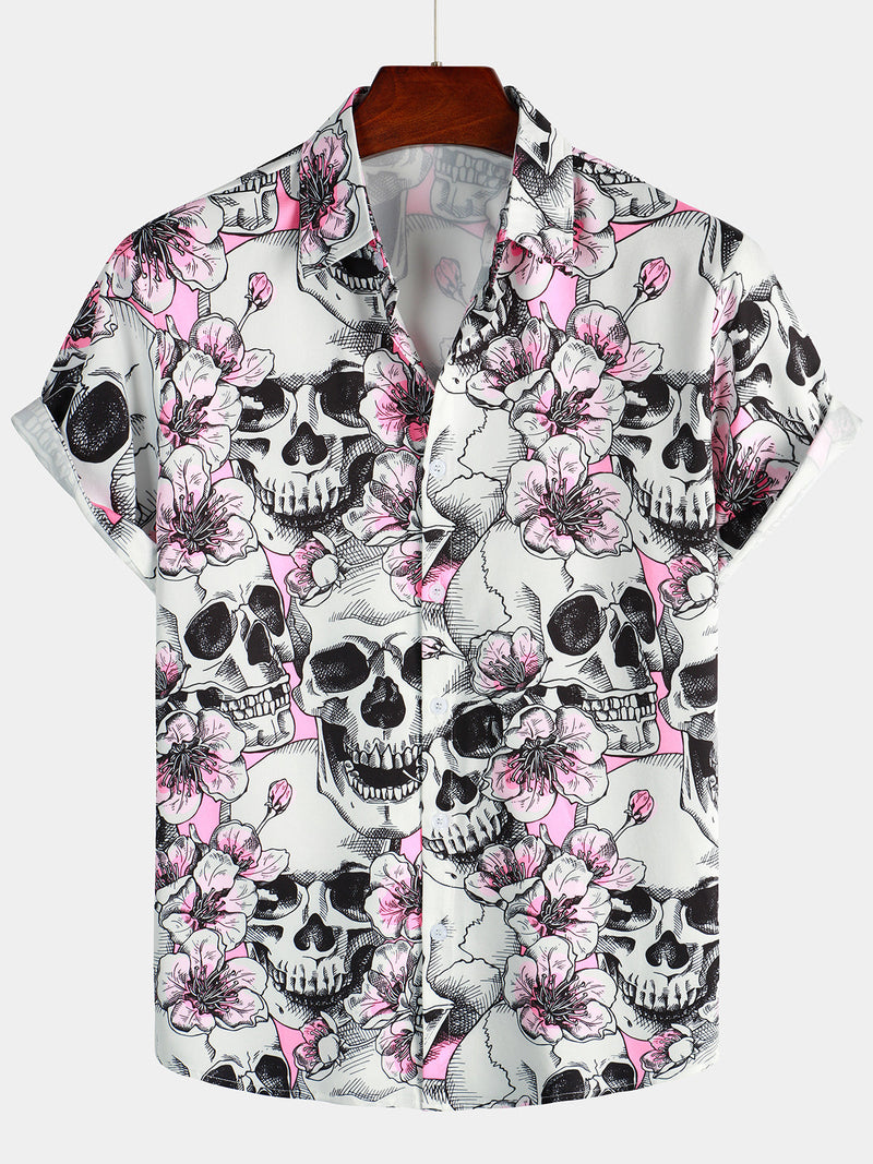 Camisa de hombre de manga corta con botones y estampado de calaveras y flores rosas