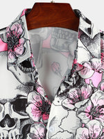 Camisa de hombre de manga corta con botones y estampado de calaveras y flores rosas