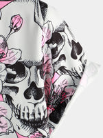 Camisa de hombre de manga corta con botones y estampado de calaveras y flores rosas