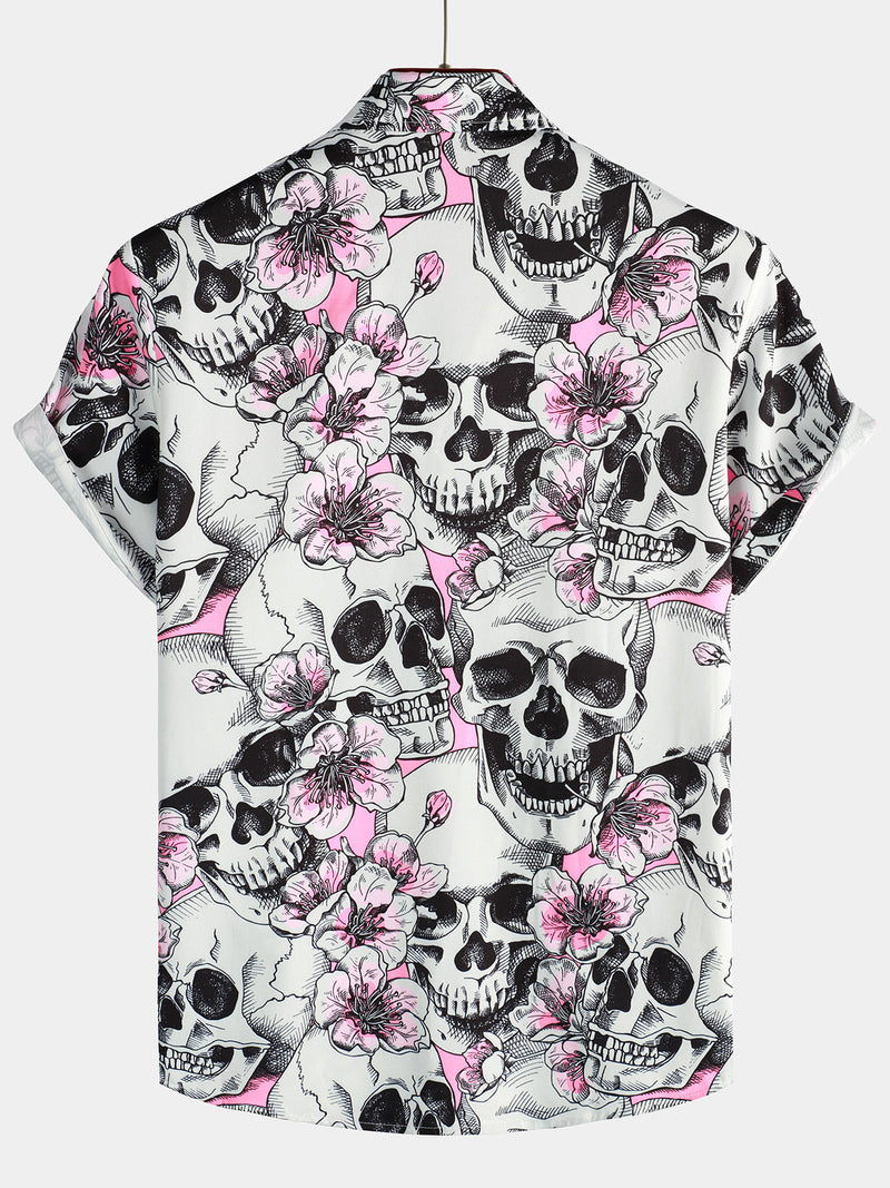 Camisa de hombre de manga corta con botones y estampado de calaveras y flores rosas