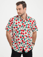 Camisa de manga corta de algodón en beige con estampado de rosas transpirable y botones para hombres ideal para la playa en verano