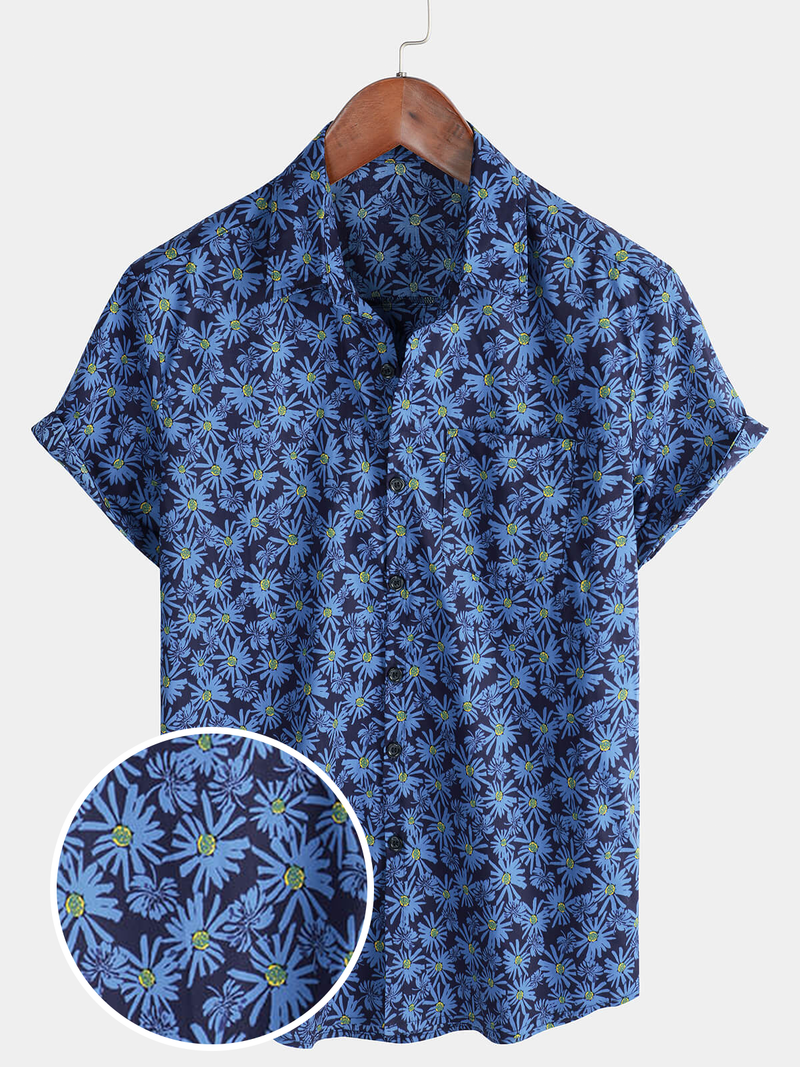 Camisa de algodón de manga corta con bolsillo playero y diseño de margaritas para hombre