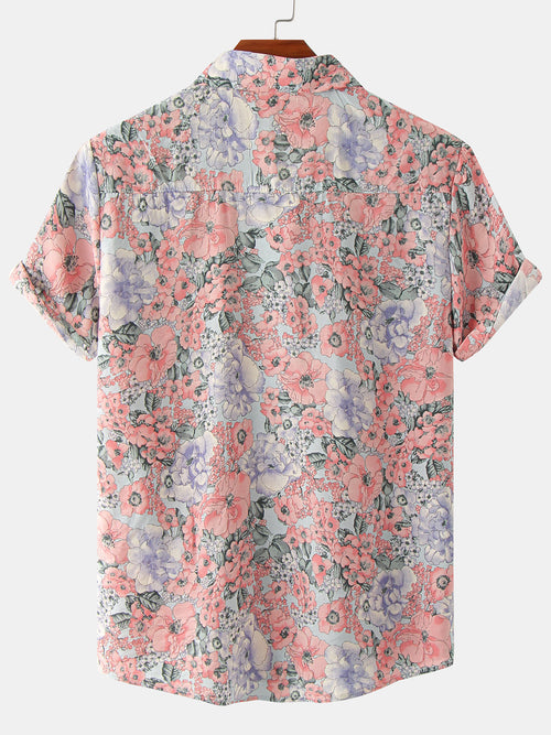 Camisa casual de manga corta en rosa con estampado floral vintage para hombres ideal para el verano