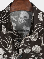 Camisa con botones estilo punk rock and roll con estampado floral de rosas y calaveras para hombre