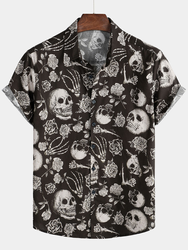 Camisa con botones estilo punk rock and roll con estampado floral de rosas y calaveras para hombre