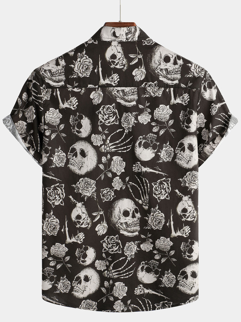 Camisa con botones estilo punk rock and roll con estampado floral de rosas y calaveras para hombre