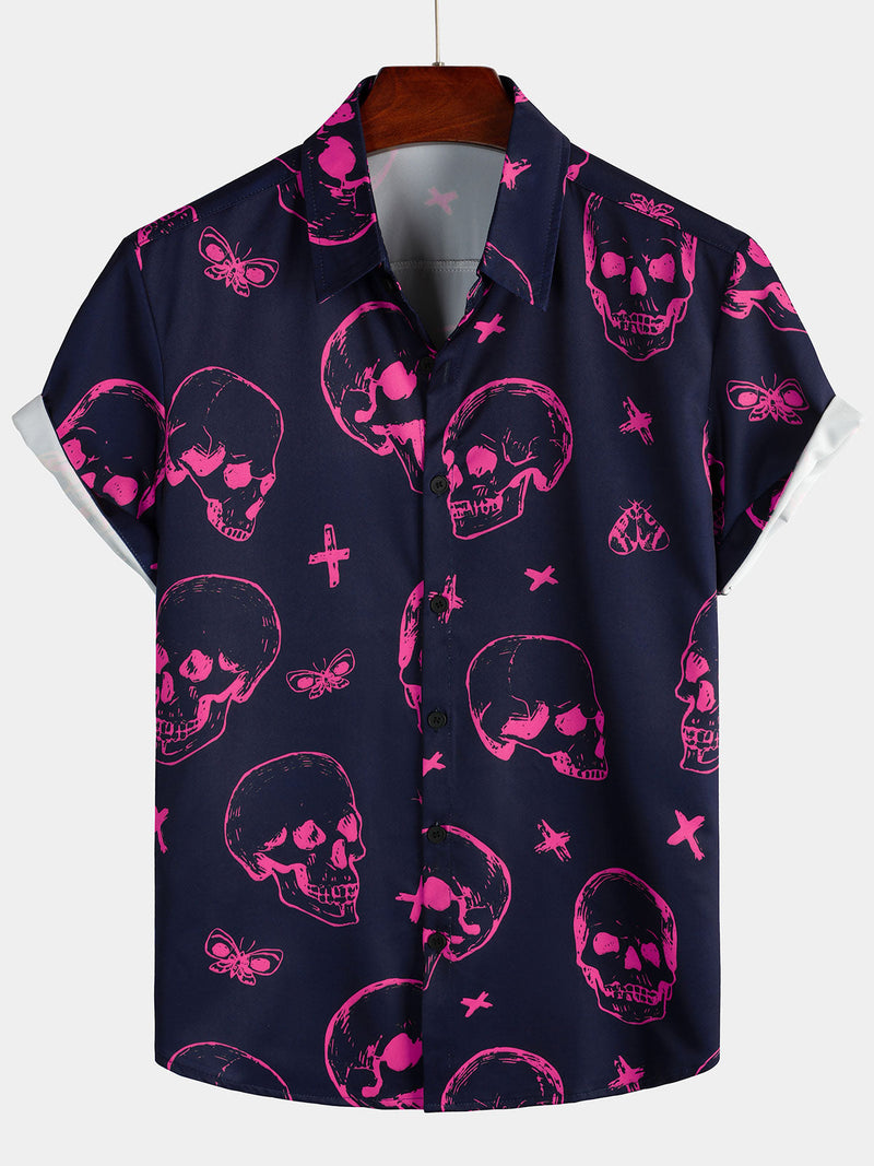 Camisa de manga corta con estampado de calaveras hawaianas para hombre