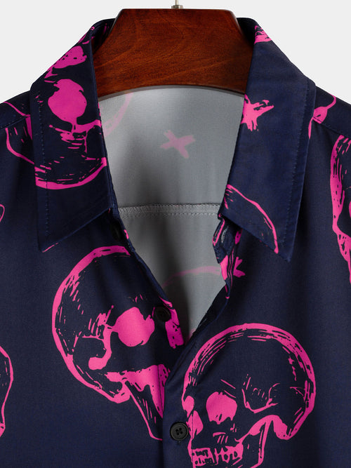 Camisa hawaiana de manga corta con botones y estampado artístico de calaveras rosas para hombre