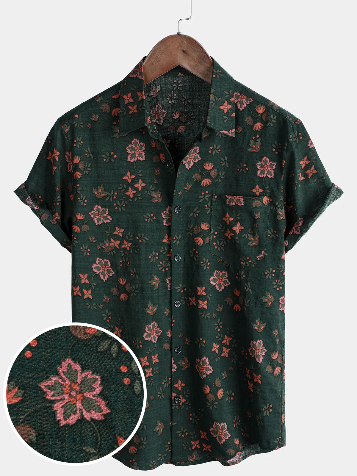Camisa hawaiana de manga corta con estampado floral vintage verde festivo para hombre