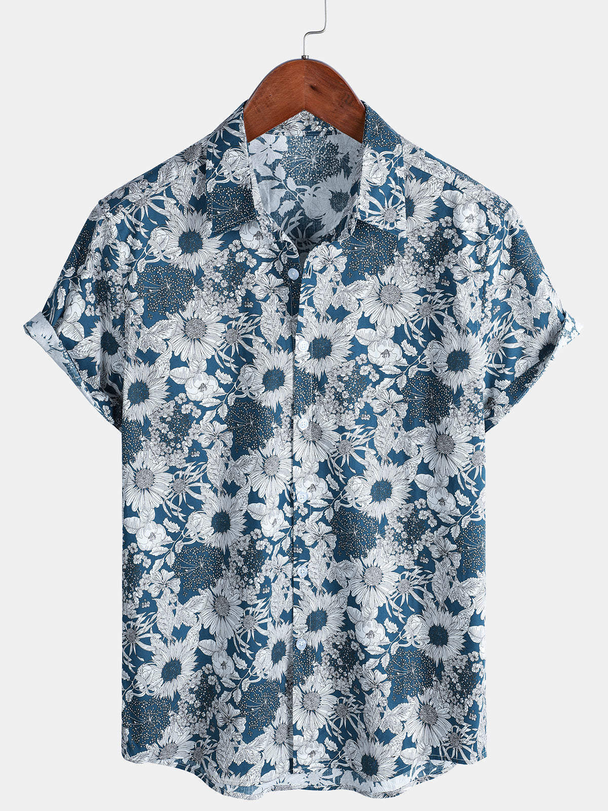Camisa retro de manga corta con estampado de girasoles para hombre