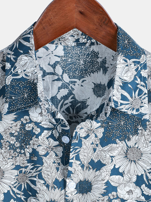 Camisa retro de manga corta con estampado de girasoles para hombre