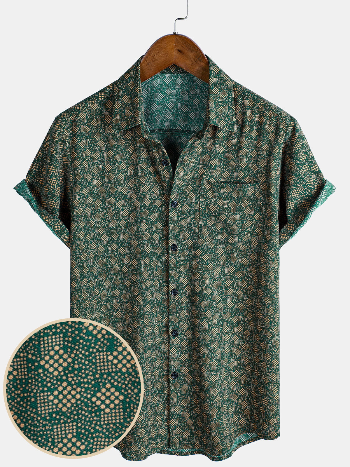 Camisa de manga corta con bolsillo verde y estampado geométrico retro para hombre