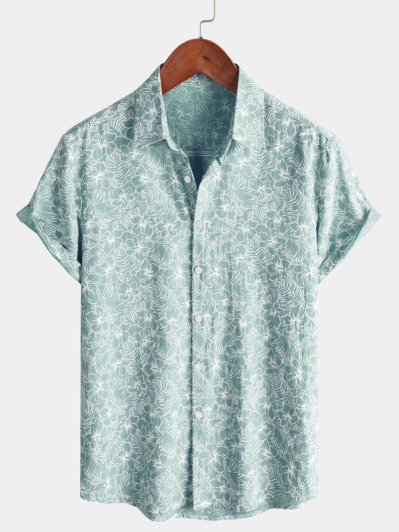 Camisa de playa de manga corta de algodón con estampado floral de verano para hombre