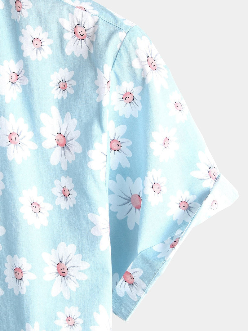 Camisa hawaiana de algodón de manga corta con estampado floral de margaritas para hombre