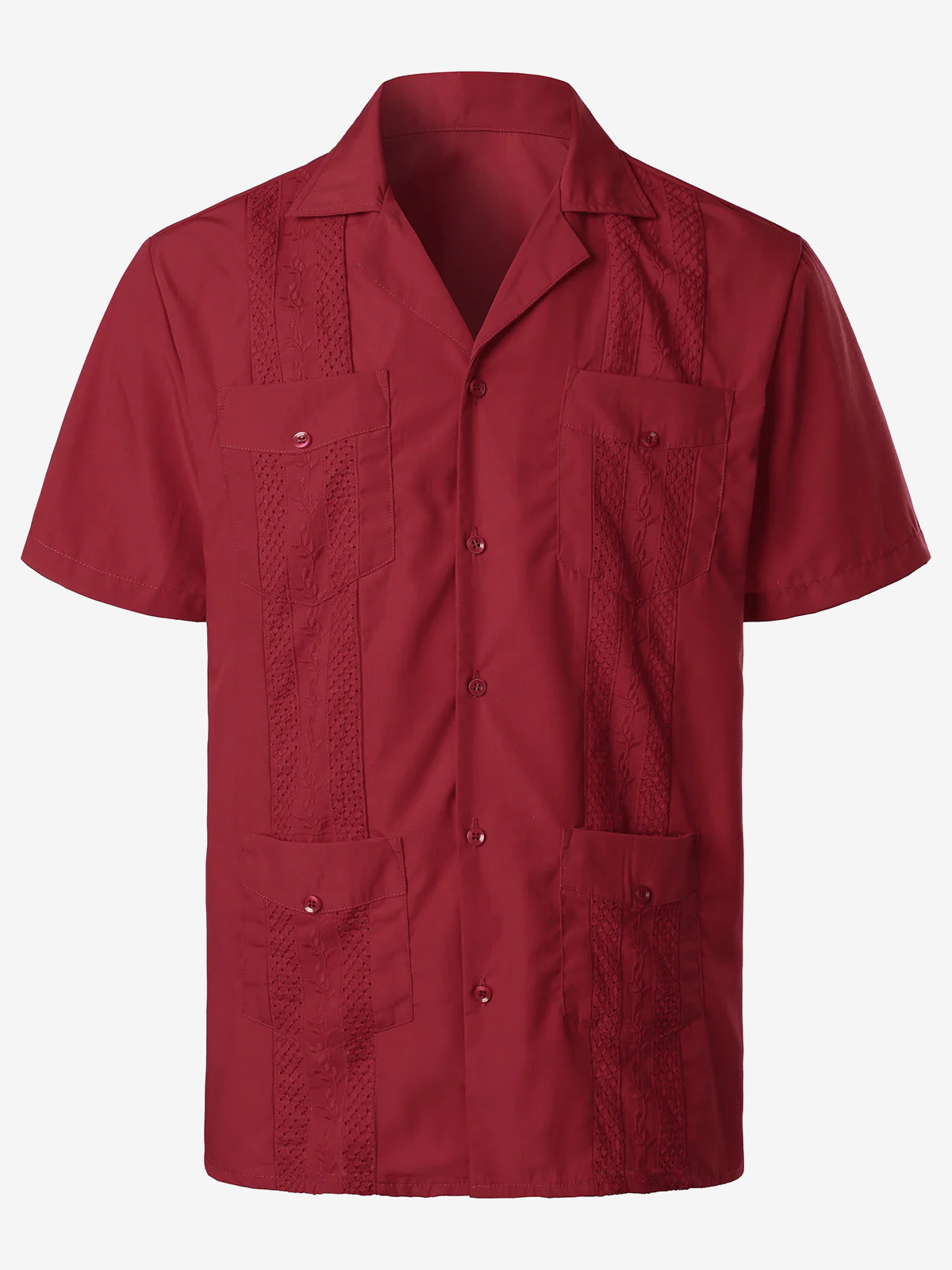 Camisa guayabera cubana roja de manga corta con bolsillo para hombre