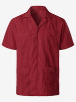 Camisa guayabera cubana de manga corta roja con bolsillo para hombre