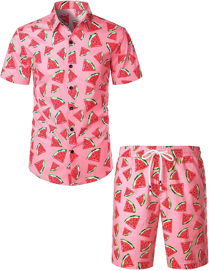 Conjunto de camisa y pantalones cortos a juego de algodón hawaiano con estampado de sandía para hombre