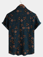 Camisa de algodón de manga corta de verano con estampado floral azul marino para hombre