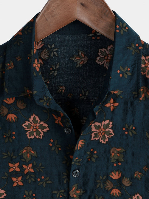 Camisa de algodón de manga corta con botones y estampado floral azul marino para hombre de verano