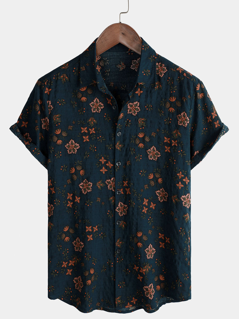 Camisa de algodón de manga corta de verano con estampado floral azul marino para hombre