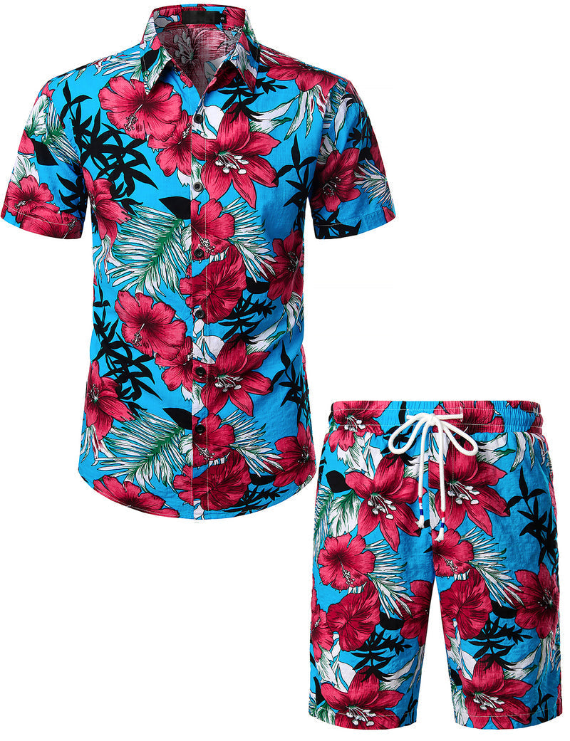 Conjunto de camisa y pantalones cortos a juego con estampado floral hawaiano tropical para hombres