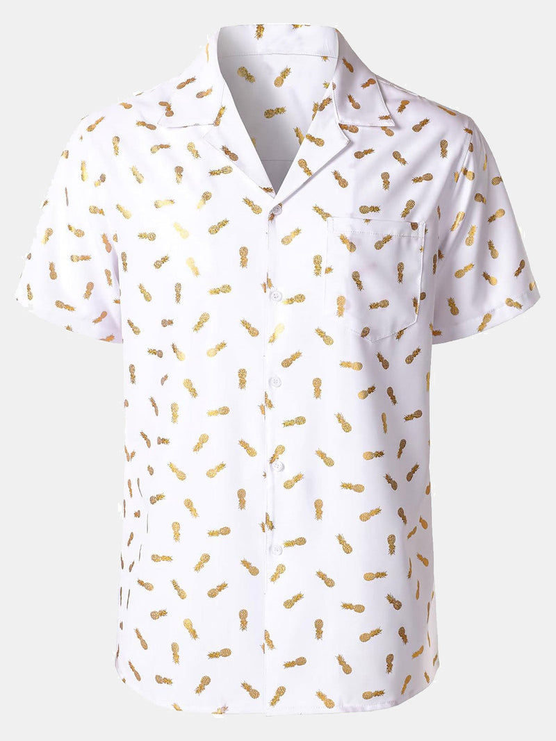 Camisa de manga corta con cuello cubano y estampado de piña para hombre