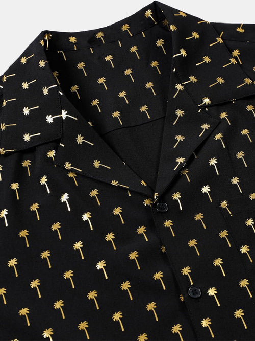 Camisa de manga corta con cuello cubano y palmera dorada para hombre