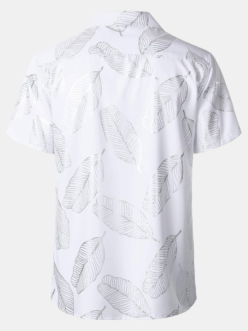 Camisa de manga corta con cuello cubano y hojas tropicales para hombre