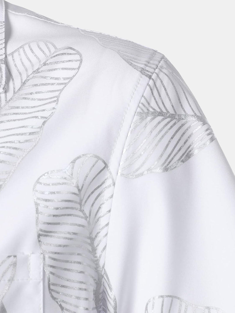 Camisa de manga corta con cuello cubano y hojas tropicales para hombre