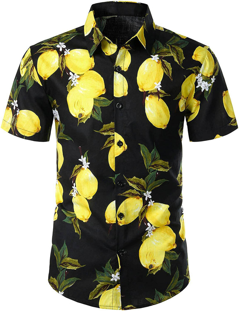 Camisa de hombre hawaiana de manga corta con estampado de limones amarillos tropicales