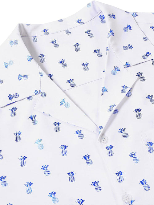 Camisa de manga corta con cuello cubano y estampado de piña azul para hombre