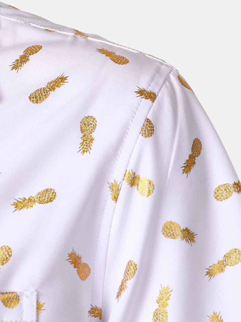 Camisa de manga corta con cuello cubano y estampado de piña para hombre