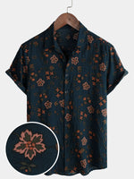 Camisa de algodón de manga corta de verano con estampado floral azul marino para hombre