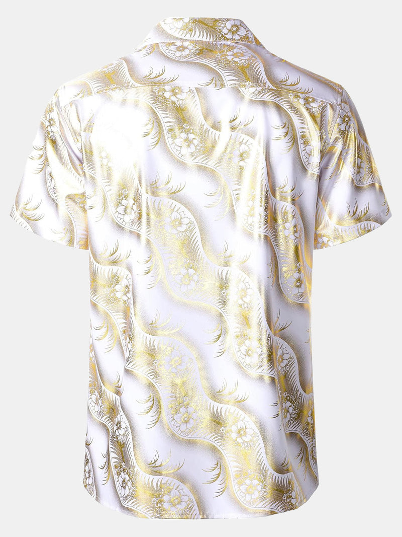 Camisa de manga corta con cuello cubano y estampado floral dorado para hombre