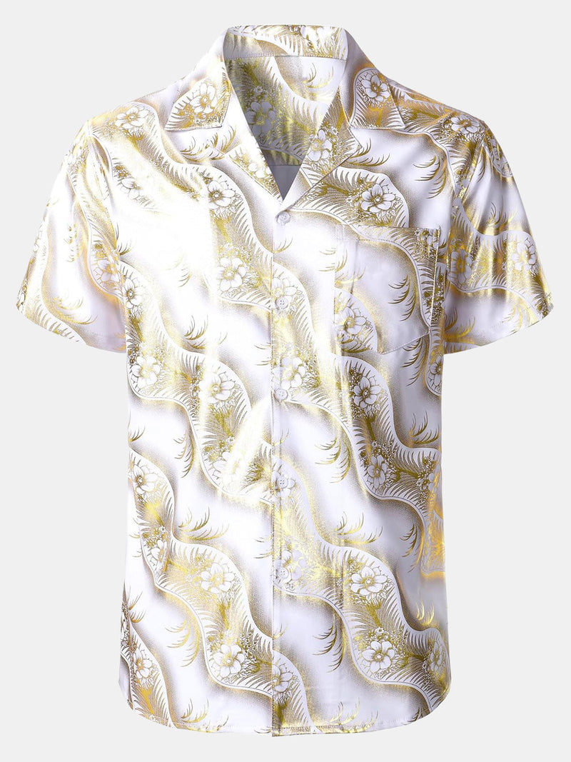 Camisa de manga corta con cuello cubano y estampado floral dorado para hombre
