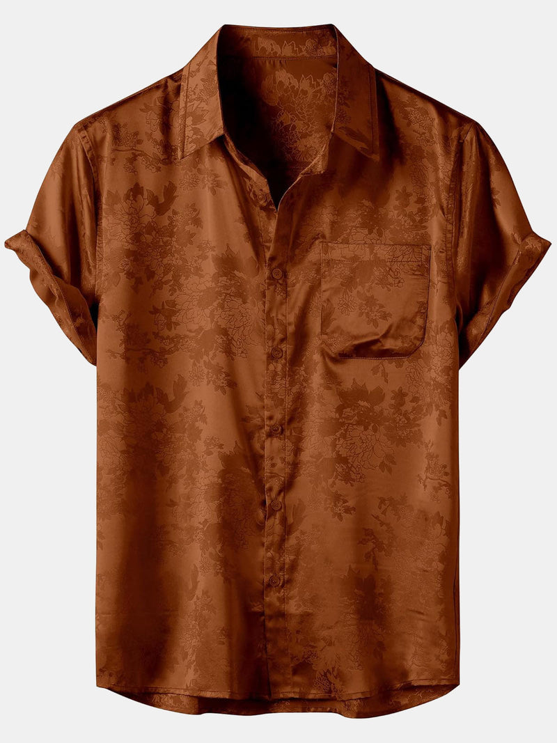 Camisa de manga corta con estampado floral de satén de seda y bolsillo en jacquard marrón para hombre