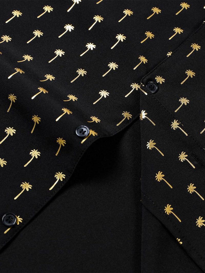 Camisa de manga corta con cuello cubano y palmera dorada para hombre