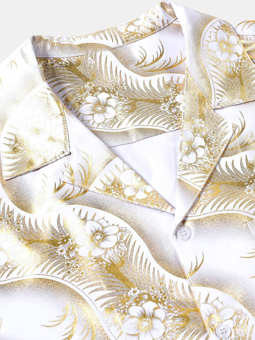 Camisa de manga corta con cuello cubano y estampado floral dorado para hombre