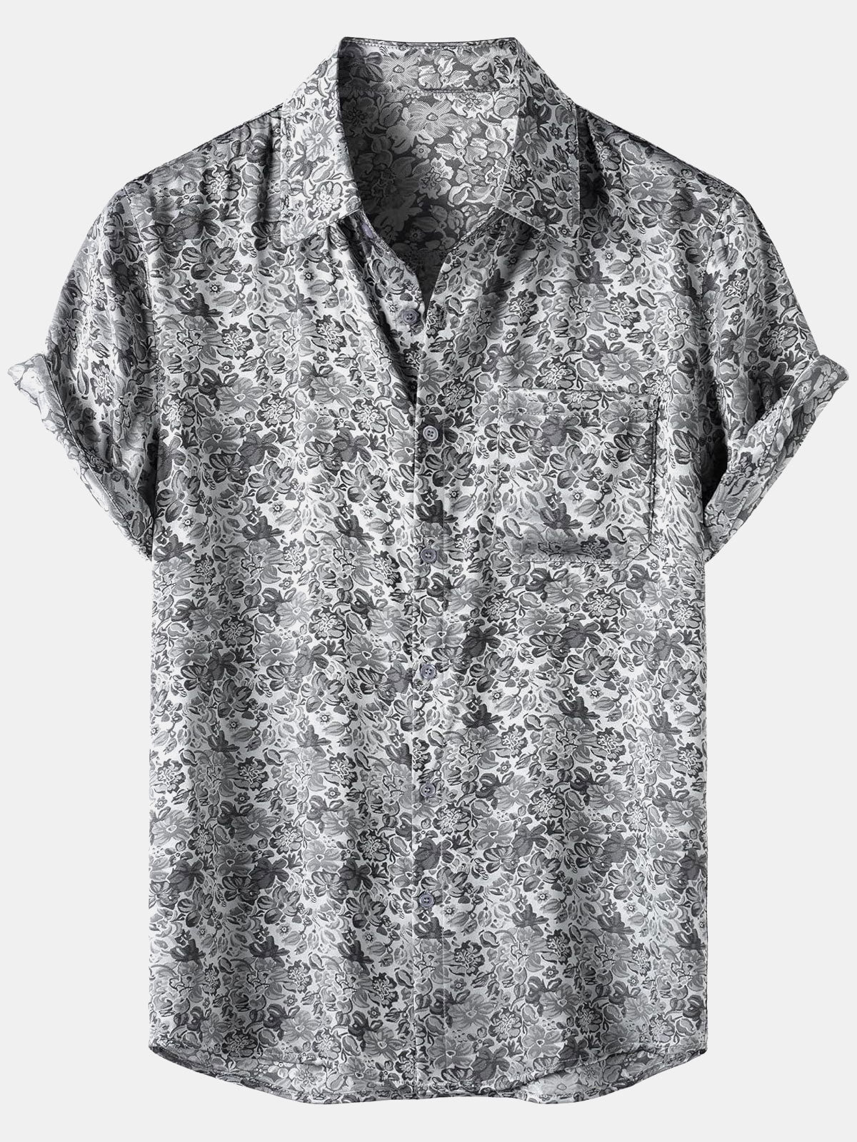 Camisa de manga corta de satén de seda jacquard con estampado floral para hombre