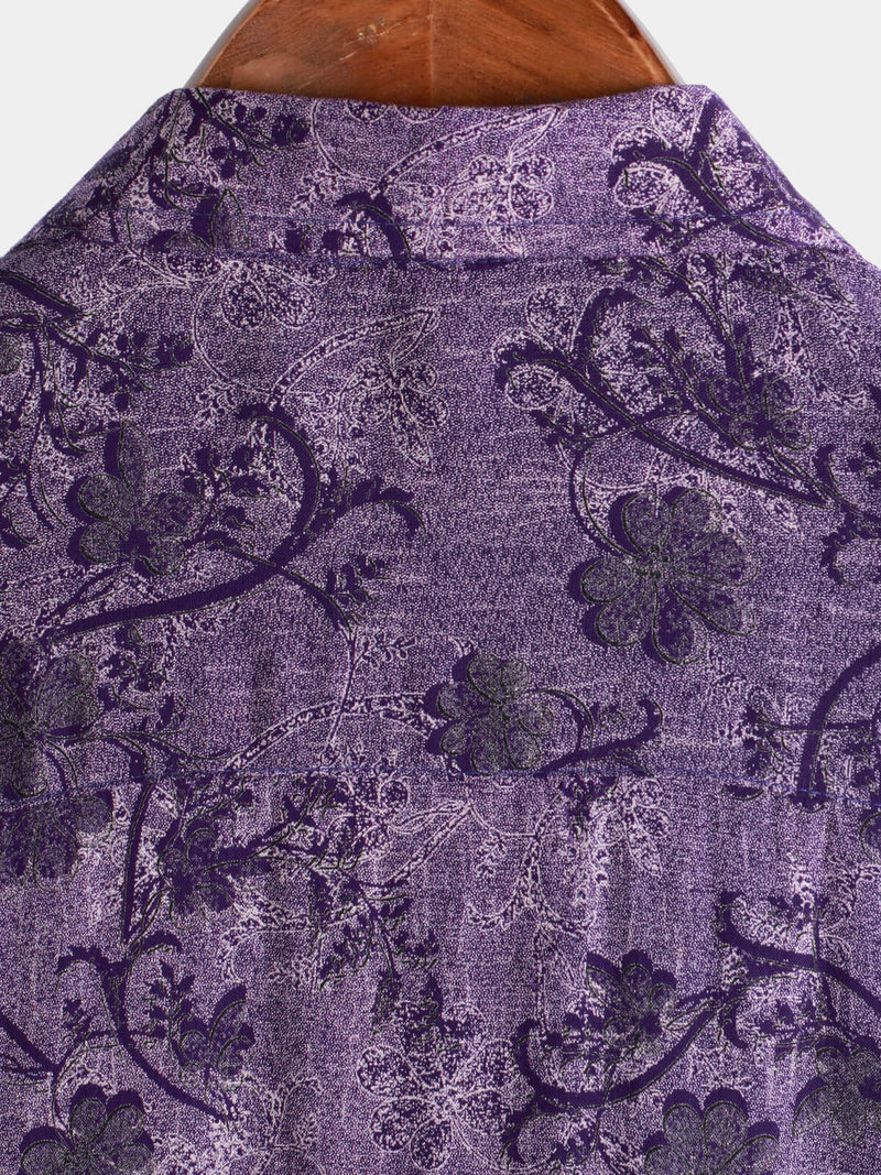 Camisa hawaiana de manga corta transpirable morada vintage para hombre