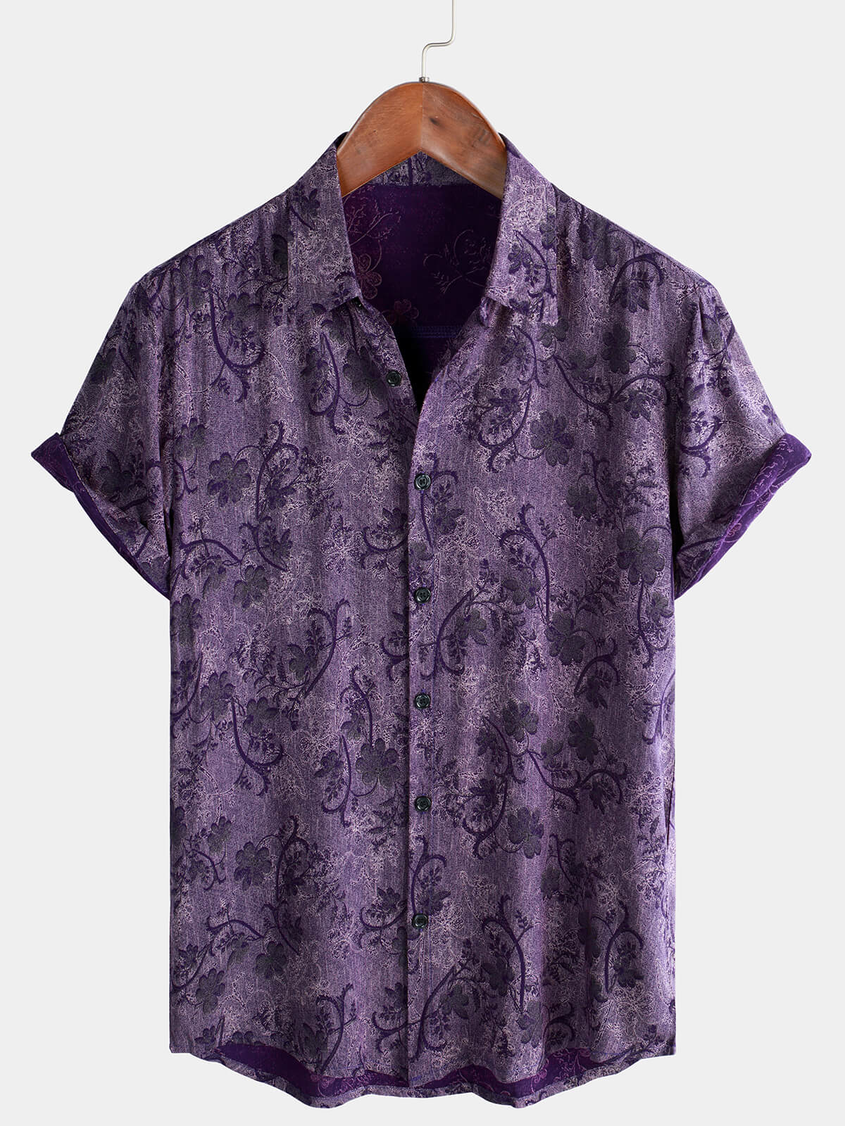 Camisa hawaiana de manga corta transpirable morada vintage para hombre