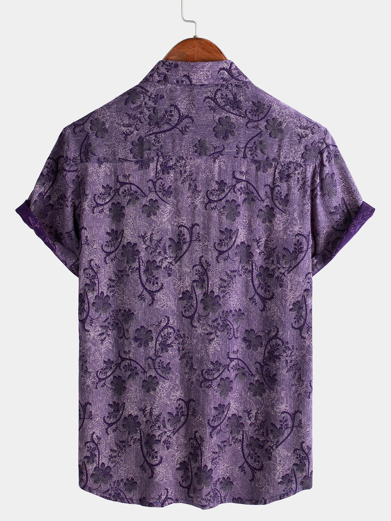 Camisa hawaiana de manga corta transpirable morada vintage para hombre