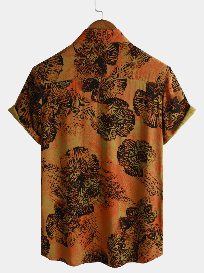 Camisa hawaiana de manga corta transpirable con estampado floral retro para hombre